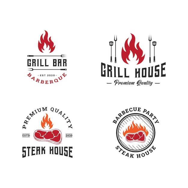 Zestaw logo szablon grill, grill i grill, godło steak house