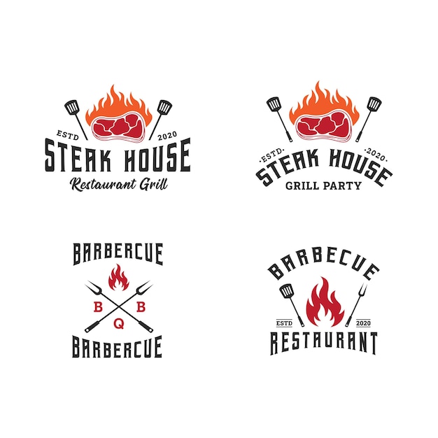 Zestaw logo szablon grill, grill i grill, godło steak house