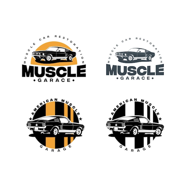 Zestaw Logo Wektora Amerykańskiego Muscle Car Na Białym Tle Na Białym Tle Ilustracja Klasyczny Samochód Z Lat 60