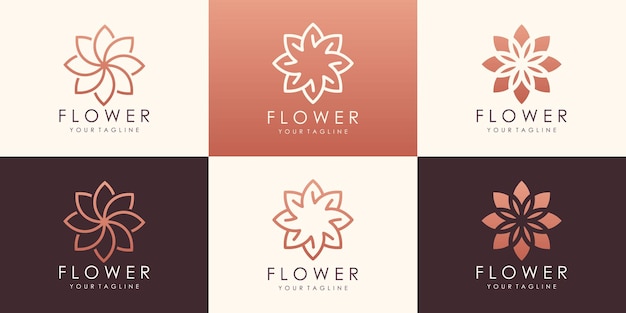 Zestaw Logotypu Okrągłego Kwiatu Lotosu. Liniowe Uniwersalne Kwiatowe Logo W Kształcie Liści