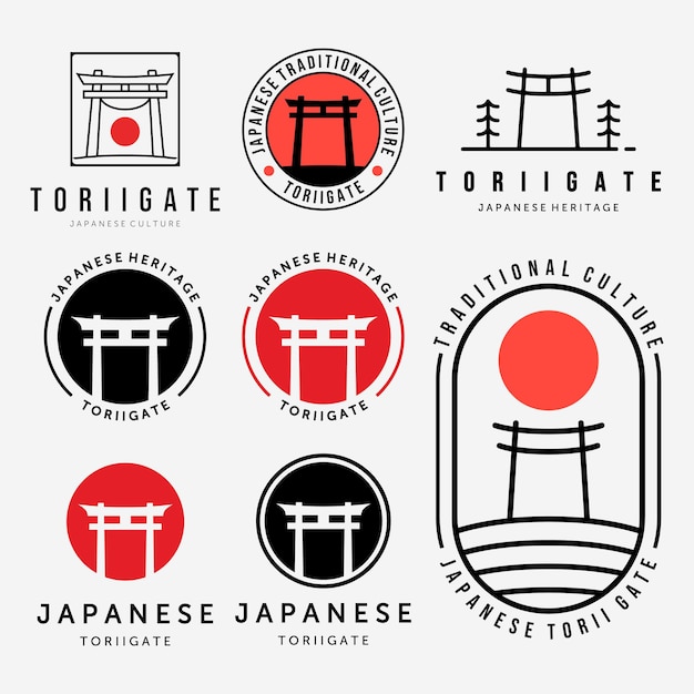 Zestaw Lub Pakiet Torii Gate Logo Wektor Wzór Vintage Ilustracja Godło Sztuki Linii Japaneseculture