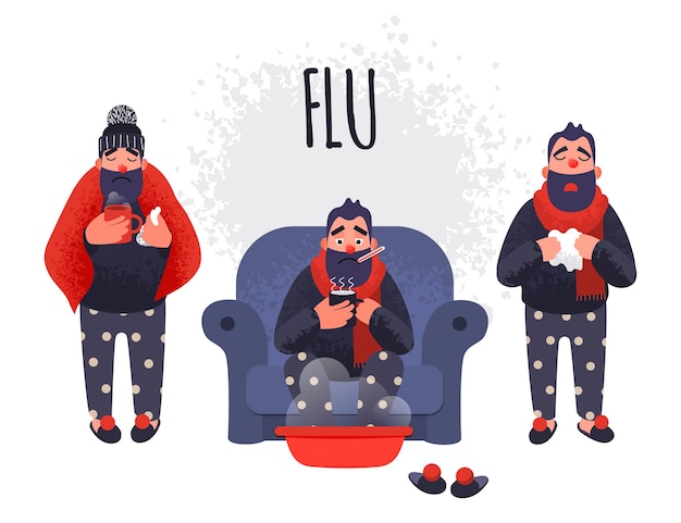 Plik wektorowy zestaw ludzi o przeziębienie. chory wektor postaci męskiej grypy gorączki jest leczony w domu.