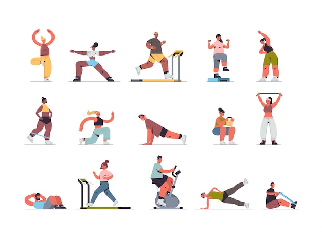 Zestaw Ludzi Wykonujących ćwiczenia Fizyczne Mieszanka Wyścigu Mężczyźni Kobiety Mający Trening Cardio Fitness Trening Zdrowy Styl życia Dom Koncepcja Sportu Pełnej Długości Pozioma Ilustracja