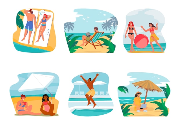 Zestaw Ludzi Zrelaksować Się Na Summer Beach Znaków Płci Męskiej I żeńskiej Na Wakacje Wakacje Kreskówka Wektor Ilustracja