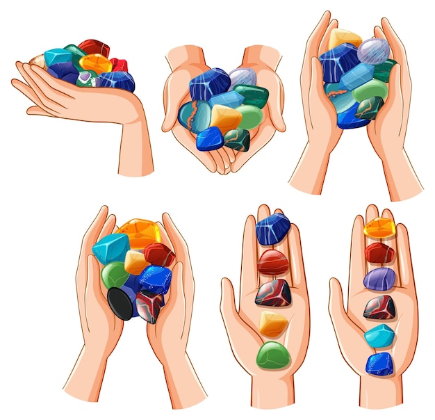 Plik wektorowy zestaw ludzkich rąk z kryształami leczniczymi
