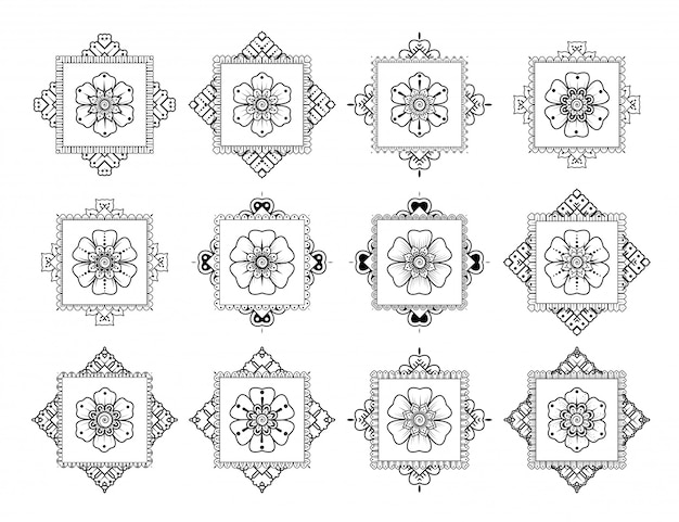 Zestaw Luksusowych Mandali. Dekoracja Kwiatowa Mehndi W Etnicznych Orientalnych, Doodle Ornament. Zarys Ilustracji Rysować Ręka.