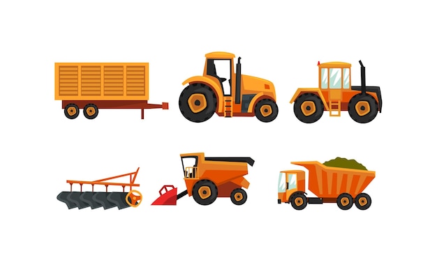 Plik wektorowy zestaw maszyn rolniczych nowoczesne pojazdy rolnicze do obróbki rolniczej traktor plowa ciężarówka płaska ilustracja wektorowa