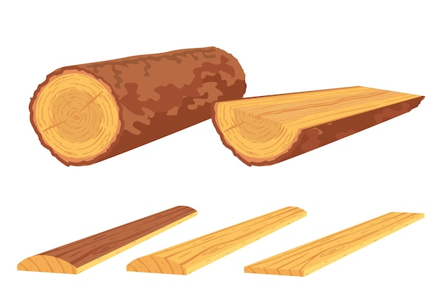 Plik wektorowy zestaw materiałów budowlanych z drewna liściastego z drewna kłoda drewna i pnia pnia i deski drewniane