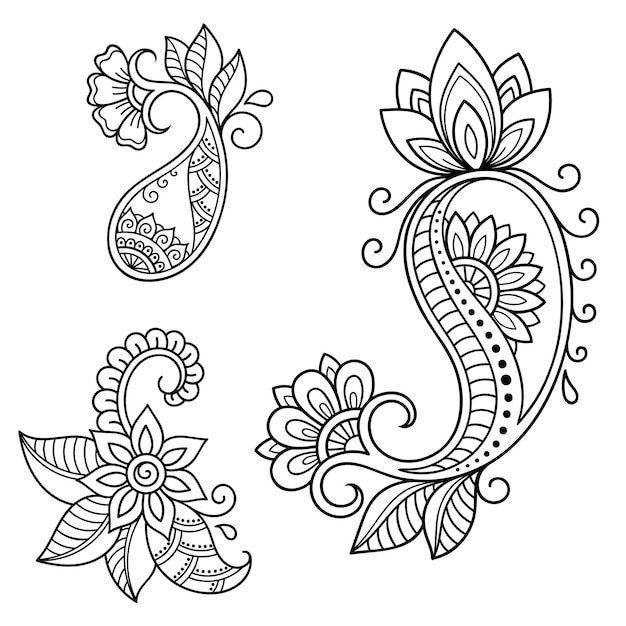 Zestaw Mehndi kwiatki. Ozdoba w etnicznym orientalnym stylu indyjskim. Doodle ornament. Ilustracja kontur rysować ręka.