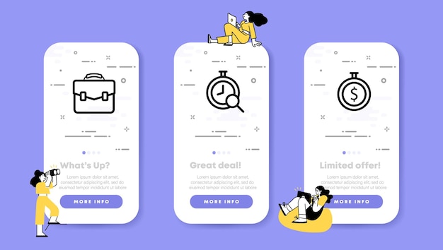 Zestaw Menegment Czasu Aktówka Zegarek Stoper Koncepcja Pieniądza Czasowego Ekrany Aplikacji Telefonu Ui Z Ludźmi Wektor Ikona Linii Dla Biznesu I Reklamy