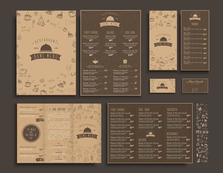 Zestaw menu A4, składane foldery i ulotki wąskie do restauracji