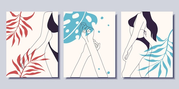 Zestaw Minimalistycznych Plakatów Z Kobietami W Strojach Kąpielowych Abstrakcyjne Rośliny Sztuka Współczesna