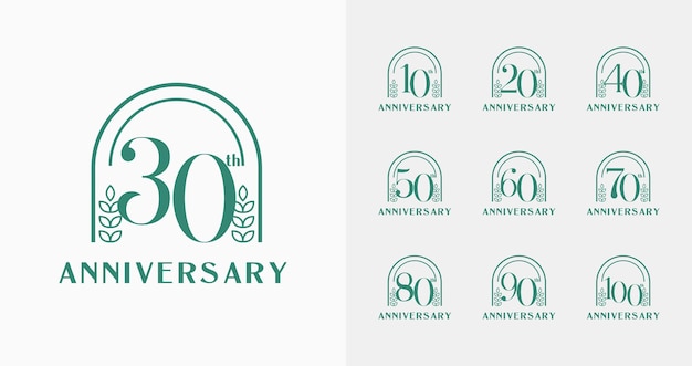 Plik wektorowy zestaw minimalnego logo rocznicy na obchody urodzin z naturą i kobiecą koncepcją