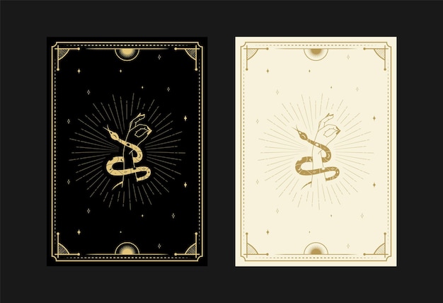 Zestaw Mistycznych Kart Tarota Alchemiczne Symbole Doodle Grawerowanie Gwiazd Czaszka Węże I Kryształy