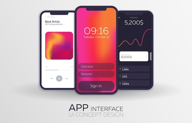 Plik wektorowy zestaw mobilnych koncepcji projektowych ui interfejs bankowy odtwarzacz muzyczny logowanie ilustracja wektorowa