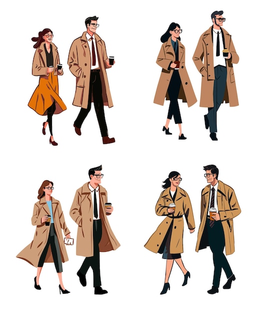 Zestaw modnych mężczyzn i kobiet w trenczach i okularach spacerujących i pijących kawę Ilustracja wektorowa