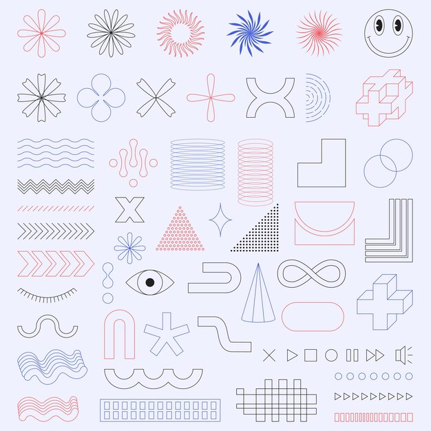 Zestaw modnych minimalistycznych liniowych ikon i kształtów do projektowania stron internetowych, plakatów, ulotek na ubrania, obejmuje uniwersalne elementy w stylu vaporwave i brutalizmu Kształty retro futuryzmu Ilustracje wektorowe