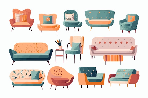 Plik wektorowy zestaw modnych sof, krzeseł, foteli, otoman i kanap z poduszkami w stylu retro z połowy wieku, izolowany na białym tle, ilustracja kreskówka wektor