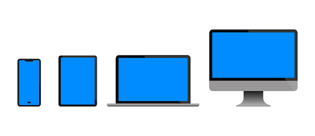 Zestaw monitora laptopa, tabletu i smartfona z niebieskim ekranem szablon Nowoczesne urządzenia cyfrowe