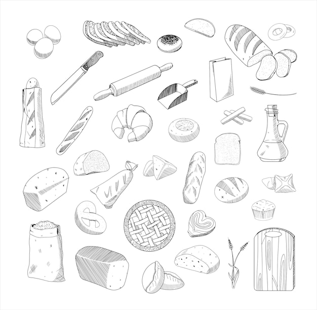 Plik wektorowy zestaw monochromatycznych ilustracji wektorowych chleba w stylu szkicu