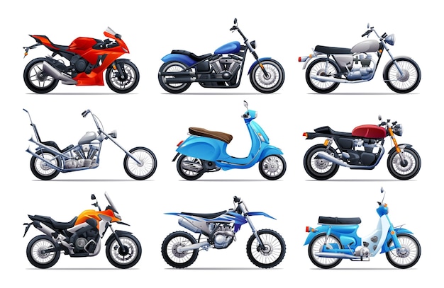 Zestaw motocykli w różnych typach ilustracja kreskówki wektorowej