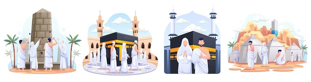 Zestaw muzułmańskiej pary robi islamską pielgrzymkę hadżdż do kabah Ilustracja wektorowa płaski