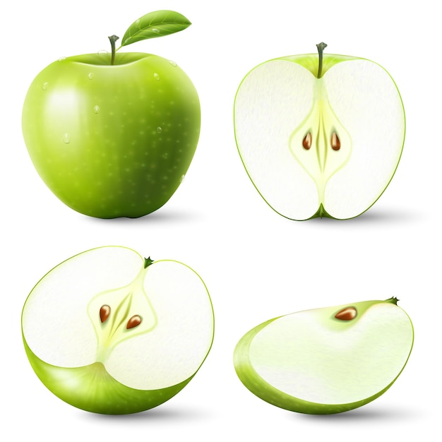 Plik wektorowy zestaw na białym tle kolorowe zielone jabłko pół, plasterek i cały soczysty owoc na białym tle. realistyczna kolekcja owoców.