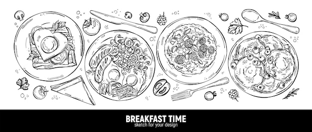 Plik wektorowy zestaw naczyń na śniadanie. jajka z bekonem i kiełbaskami, tost, owsianka z jagodami i naleśniki