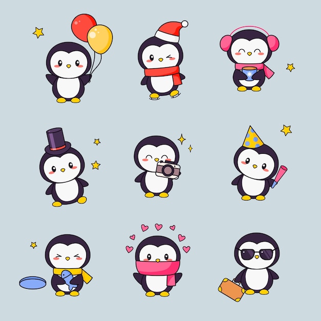 Zestaw Naklejek Clipart Cute Penguin Kawaii. Biały Czarny Ptak Z Twarzą Anime Różne Projekty Emotikonów Dla Doodle. Zestaw Ikon Prezentowych Różnych Zwierząt Komiksowych Dla Dzieci.