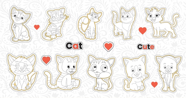 Plik wektorowy zestaw naklejek cute valentine kot kolekcja do druku zwierząt pakiet naklejek doodle zwierzaka dla dzieci