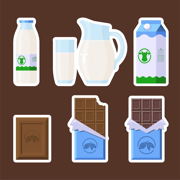Plik wektorowy zestaw naklejek czekolada i mleko. płaski styl. kolekcja batoników i produktów mlecznych w różnych opakowaniach do logo, nadruku, przepisu, menu, wystroju i dekoracji. wektor premium
