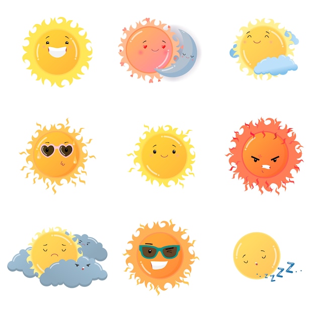 Zestaw naklejek emoji słońce na białym tle