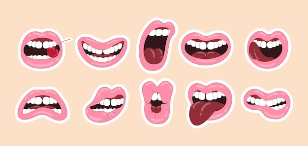 Plik wektorowy zestaw naklejek na usta z wiśniami, uśmiechniętymi zły, wyrażającymi różne emocje ilustracja wektorowa