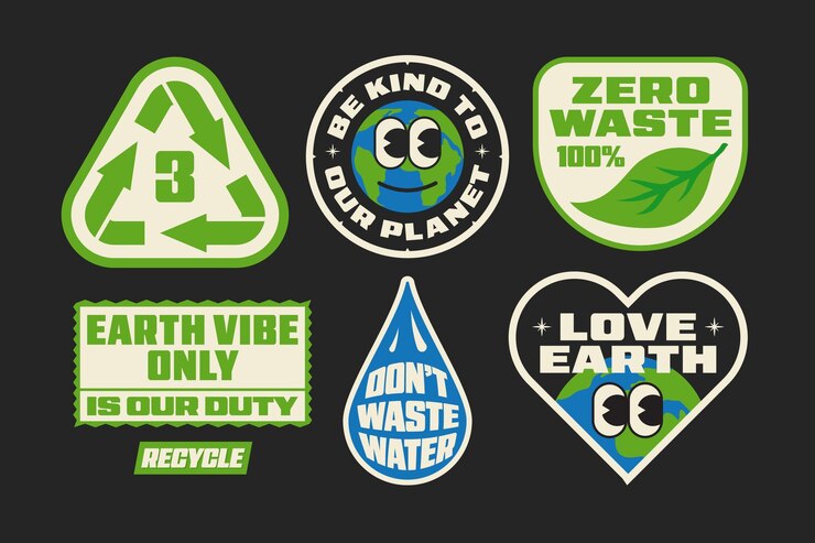 Zestaw naklejek patch Groovy Retro Love Planet Earth Zmiana klimatu zielony Eko wektor Design