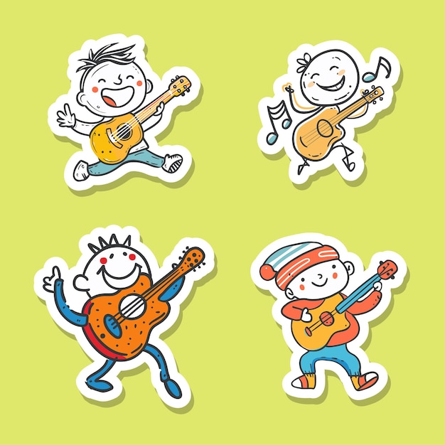 Plik wektorowy zestaw naklejek z postaciami z kreskówek z gitarami