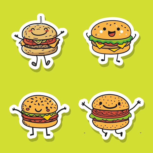 Plik wektorowy zestaw naklejek z wesołymi postaciami z hamburgerów