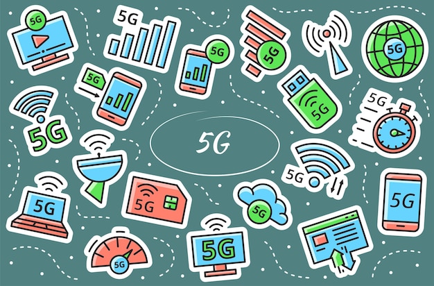 Zestaw Naklejek Związanych Z 5g. Nowa Sieć Komórkowa, Szybkie Połączenie. Prosta Infografika Wektor.