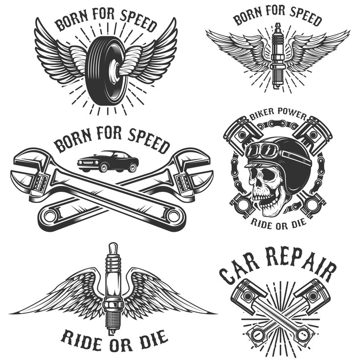 Wektor zestaw napraw i wyścigowych emblematów samochodowych. świeca zapłonowa ze skrzydłami, czaszką wyścigową, tłokami i kołem. elementy logo, etykiety, znaczek. ilustracja