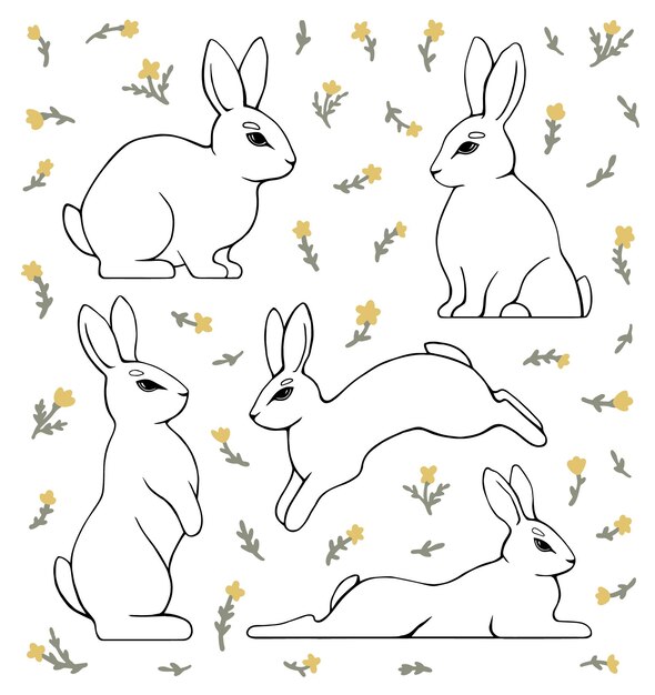 Plik wektorowy zestaw narysowanych królików i prostych kwiatów wektor czarno-biały ilustracja