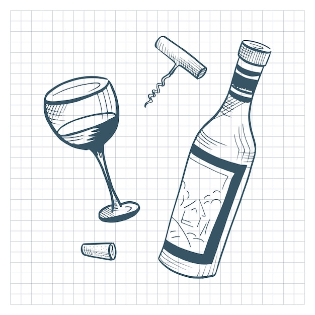 Plik wektorowy zestaw narysowanych szkiców, butelka wina, korkociąg i kieliszek do wina. na białym tle w kratkę. ilustracja wektorowa.