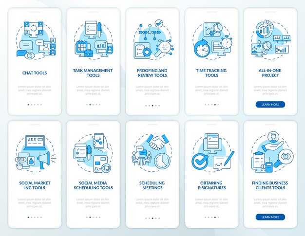 Zestaw narzędzi do niebieskiego ekranu aplikacji mobilnej onboarding dla biznesu online. Przewodnik po 5 krokach graficznych instrukcji z koncepcjami liniowymi. UI, UX, szablon GUI. Myriad Pro-Bold, używane czcionki Regular
