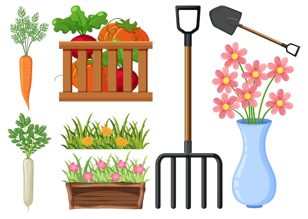 Plik wektorowy zestaw narzędzi i sprzętu do roślin i ogrodnictwa