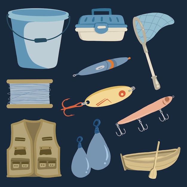 Plik wektorowy zestaw narzędzi połowowych ładny ręcznie rysowane ilustracja