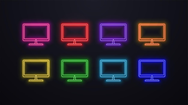 Zestaw neonowych ikon monitorów komputerowych w różnych kolorach niebieski zielony czerwony pomarańczowy żółty fioletowy i różowy na czarnym tle