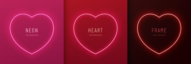 Plik wektorowy zestaw neonowych ramek w kształcie serca na czerwono-różowym czarnym tle elementy festiwalu walentynkowego