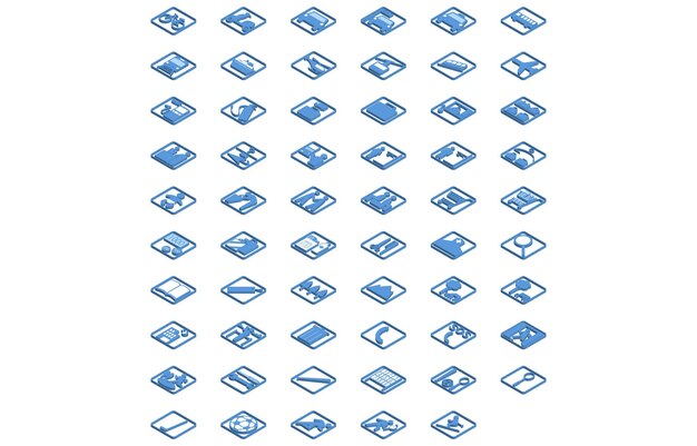 Zestaw Niebieskich Ikon Izometrycznych 59 Typów