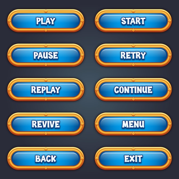 Zestaw Niebieskich Przycisków Do Gier Mobilnych Z Edytowalnym Efektem Tekstowym Gui Do Tworzenia Gier 2d