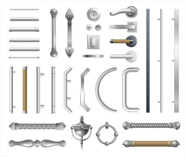 Zestaw nowoczesnych klamek do drzwi lub okien. Detale architektoniczne i akcesoria. Grafika wektorowa