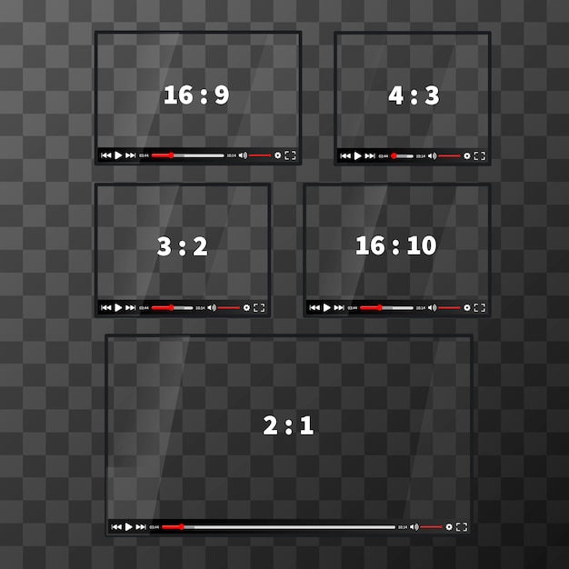 Plik wektorowy zestaw nowoczesnych odtwarzaczy internetowych dla różnych proporcji wideo na przezroczystym tle