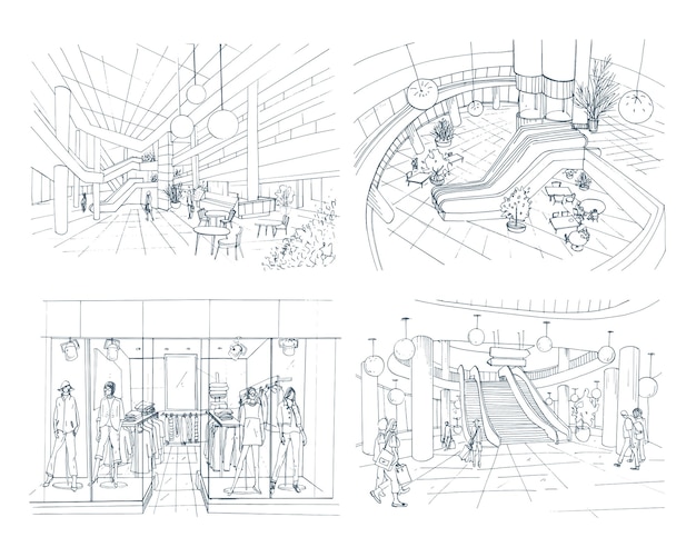 Zestaw Nowoczesnych Wnętrz Centrum Handlowego. Kolekcja Różne Centrum Handlowe. Kontur Szkic Ilustracji.